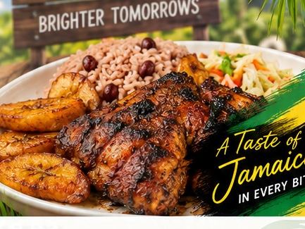 Jerk chicken plate with fried plantain and rice and peas